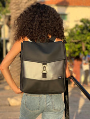 תיק גב סטודנטס גדול שחור דמוי עור עם אפור מטאלי