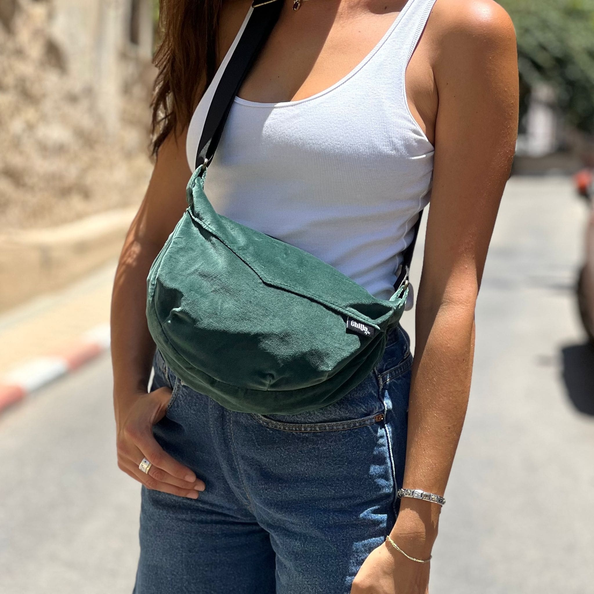 תיק צד ויטל ירוק בקבוק קטיפה