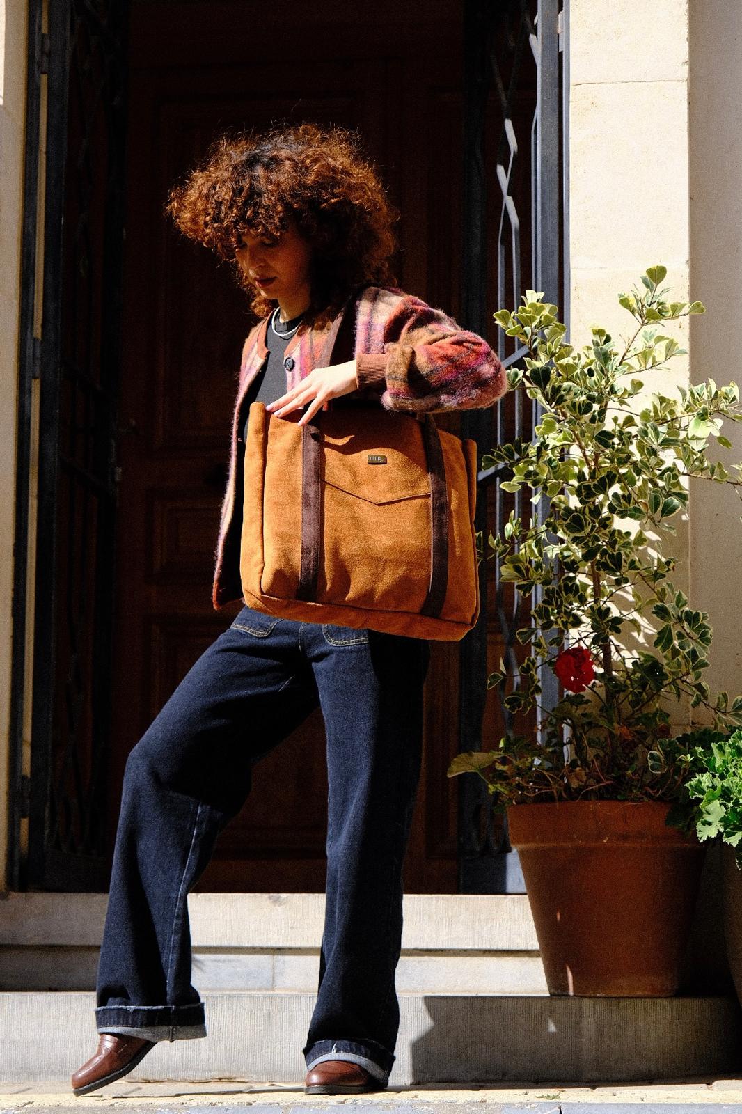 תיק צד גדול ללימודים NOKO זמש ג'ינג'י עם רצועות חומות