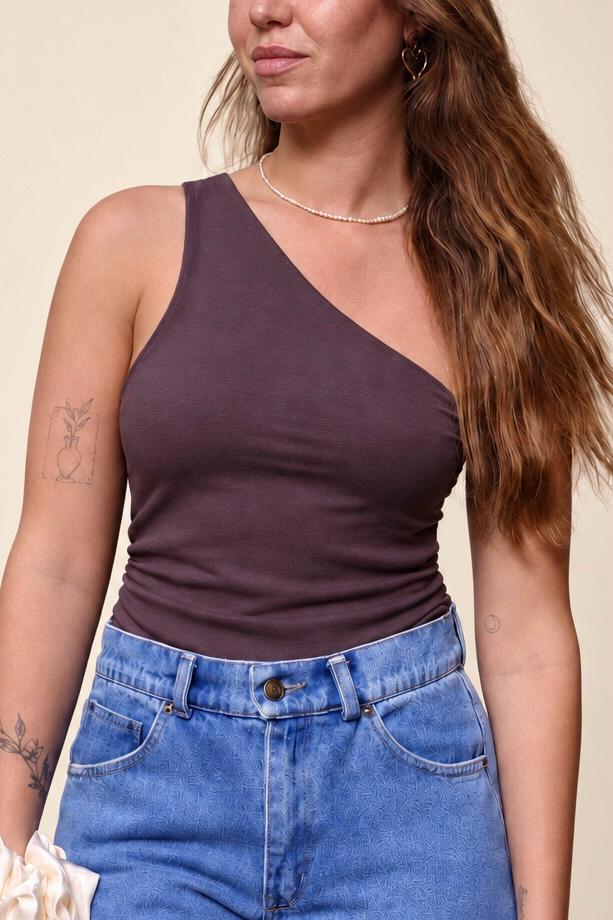 One Shoulder Top - Brown